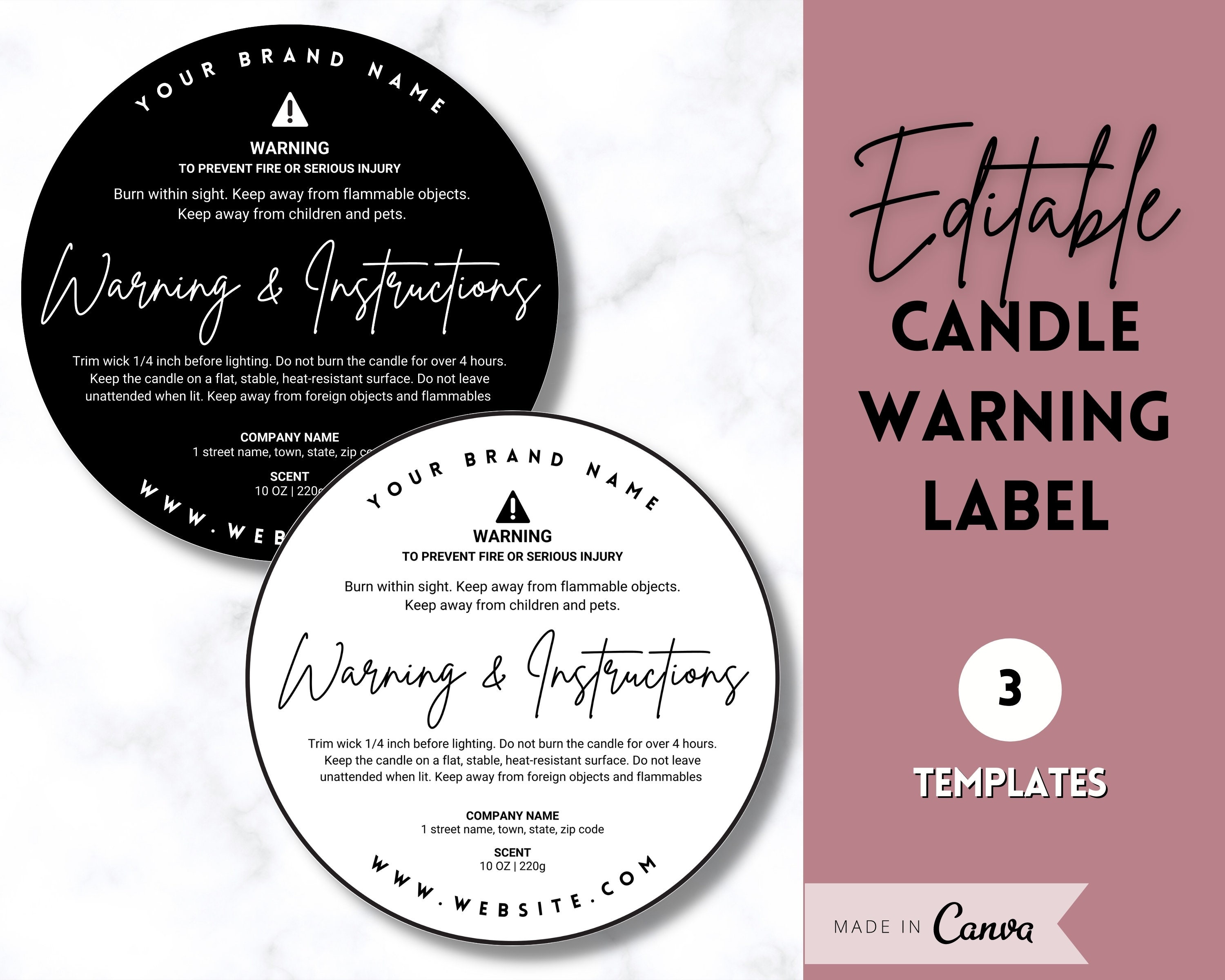 Candle Warning Label Template EDITABLE Candle Care & Fire ...