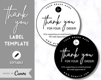 Autocollant de remerciement modifiable, modèle d'étiquette de remerciement numérique, merci pour votre commande, emballage pour petites entreprises, logo, expédition, fournitures