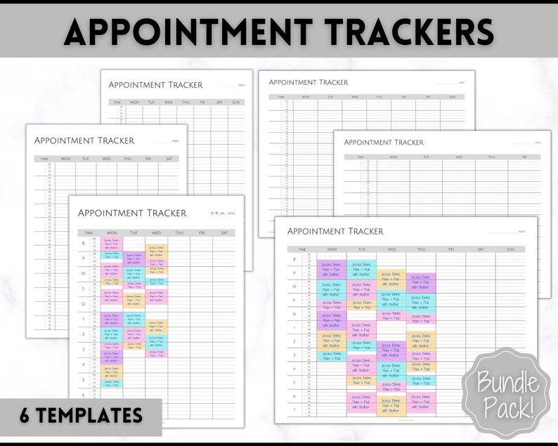 May include: Six printable appointment tracker templates in black and white with gray accents. The templates are designed for weekly scheduling and include columns for time, Monday through Sunday, and notes. One template features colorful sticky notes with text.