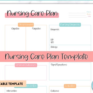 Puede incluir: Una plantilla imprimible de plan de cuidados de enfermería con secciones para evaluación, diagnóstico de enfermería, resultados deseados y evaluación. La plantilla incluye el texto "Nursing Care Plan" y "Nursing Care Plan Template".