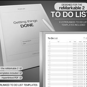 Op de afbeelding: Een zwart-witte afbeelding van een digitaal notitieblok met de tekst "TO DO LIST" en "Getting things DONE". De afbeelding toont ook een close-up van een to-do-lijst sjabloon met kolommen voor taak, vervaldatum, prioriteit, voortgang, details en notities.