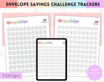 May include: Two printable designs for a savings challenge tracker. Each design features 100 envelopes with numbers 1 to 100. The text "Savings Challenge" and "$5K" are at the top of each design. The text "2 Designs" is at the bottom of the image.