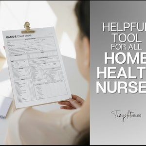 Peut inclure: Une femme tient une feuille de papier blanche avec le titre "OASIS-E Cheat sheet" et une grille de cases &agrave; cocher. Le texte "HELPFUL TOOL FOR ALL HOME HEALTH NURSES" est en gros caract&egrave;res gras sur un fond gris. Le texte "Templatables" est &eacute;crit dans une police d'&eacute;criture manuscrite sous le texte.