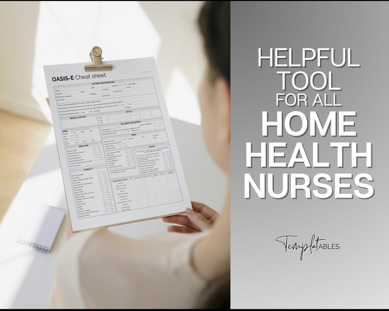 Peut inclure: Une femme tient une feuille de papier blanche avec le titre "OASIS-E Cheat sheet" et une grille de cases &agrave; cocher. Le texte "HELPFUL TOOL FOR ALL HOME HEALTH NURSES" est en gros caract&egrave;res gras sur un fond gris. Le texte "Templatables" est &eacute;crit dans une police d'&eacute;criture manuscrite sous le texte.