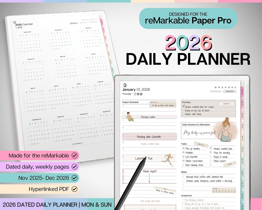 2026 Daily Planner for Remarkable Paper Pro, Digital Planner, Calendar ...