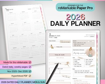 2026 Daily Planner for reMarkable Paper Pro, Digital Planner, Calendar, Daily Schedule, Task List, Templates for reMarkable | COLORFUL Tabs