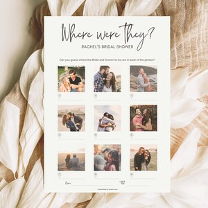 May include: A printable bridal shower game with the title "Where were they?" and the text "Rachel's Bridal Shower". The game asks guests to guess where the bride and groom-to-be are in each of the photos.