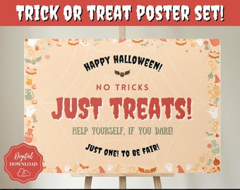 ハロウィーンのキャンディサイン、トリック・オア・トリートサイン、ポスターを1つ取ってください、印刷可能なパーティーデコレーション、玄関ポーチサイン、勇気があれば1つ取ってください、甘いお菓子