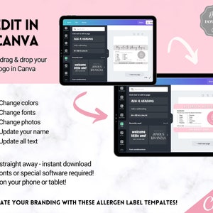 May include: Editable digital template for allergen labels. The template features a black and white design with the text "Allergen Advice" and "The Bagel Shop". The template can be edited in Canva, a graphic design platform.