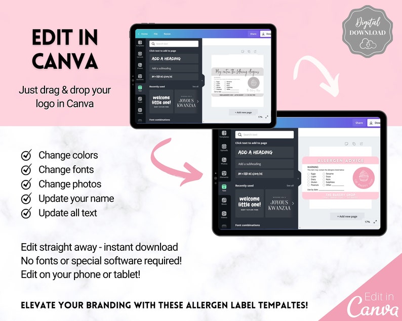 May include: Editable digital template for allergen labels. The template features a black and white design with the text "Allergen Advice" and "The Bagel Shop". The template can be edited in Canva, a graphic design platform.