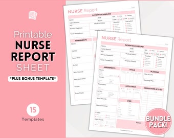 May include: Printable nurse report sheet template with 15 different templates. The template includes sections for patient background, assessments, vitals, accu check, labs, medications and to do, planning, and notes.
