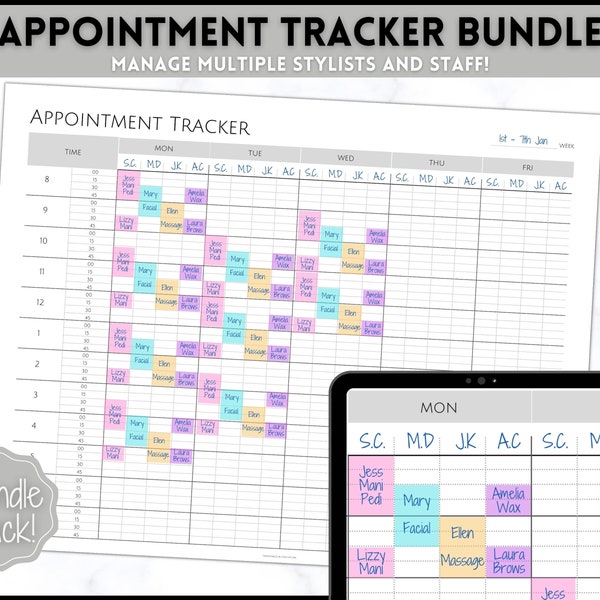 Appointment Tracker Printable, 15 minute, Salon planner, Therapist Appt, Beauty appointments, Hair Stylist, Nail, Customers, Client, STAFF