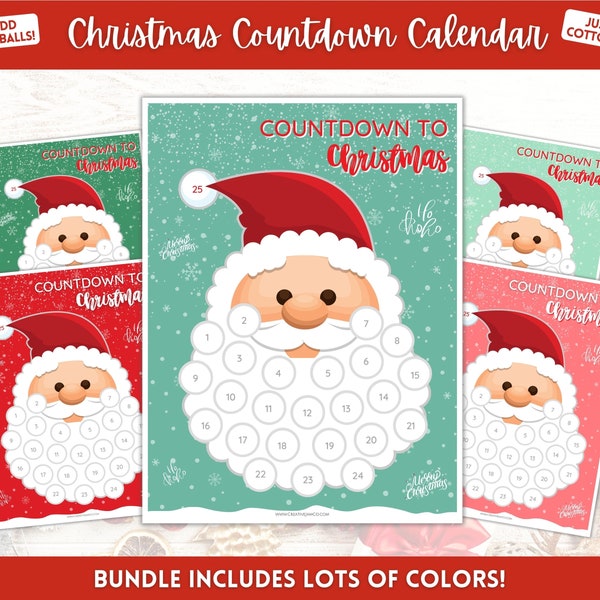 Santa Christmas Countdown! Countdown to Christmas Printable, Cotton Ball Beard, Kids Santa Claus Advent Calendar, Xmas Sign, Activity Poster