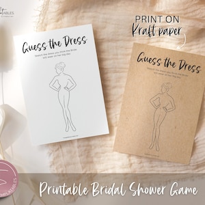 Guess the Dress Bridal Shower Game, Wedding Shower Games, Sketch the dress games, Bachelorette Party, Minimal, Boho, Kraft Paper, Printable