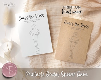 Guess the Dress Bridal Shower Game, Wedding Shower Games, Sketch the dress games, Bachelorette Party, Minimal, Boho, Kraft Paper, Printable