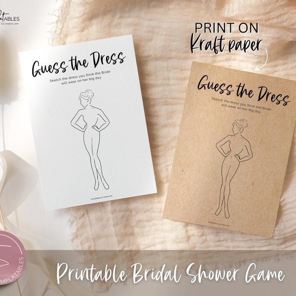 Guess the Dress Bridal Shower Game, Wedding Shower Games, Sketch the dress games, Bachelorette Party, Minimal, Boho, Kraft Paper, Printable