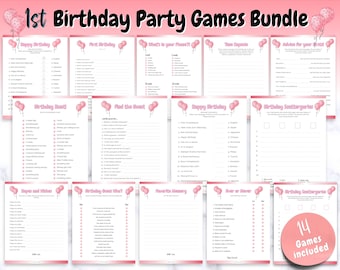 Eerste verjaardagsspellen MEISJE, afdrukbare BUNDEL van 14 gezelschapsspellen voor babymeisjes 1e verjaardag, 1-jarige verjaardag, trivia, neutrale boho-borden
