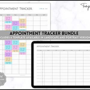 May include: A digital download of six printable appointment tracker templates. The templates are available in both landscape and portrait versions. The image shows a sample template with a weekly calendar layout, including time slots from 8:00 AM to 10:00 AM. The template is designed with a light gray background and black lines.