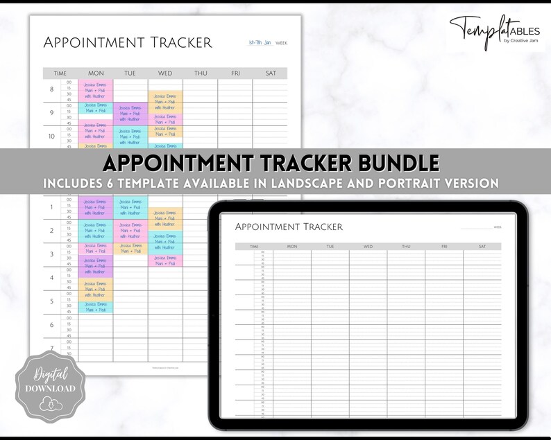 May include: A digital download of six printable appointment tracker templates. The templates are available in both landscape and portrait versions. The image shows a sample template with a weekly calendar layout, including time slots from 8:00 AM to 10:00 AM. The template is designed with a light gray background and black lines.