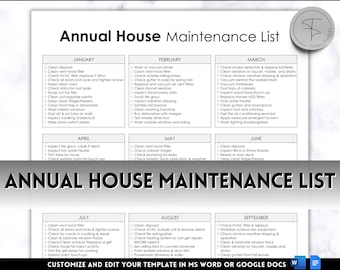 Home Maintenance List, EDITABLE Annual Cleaning Checklist, House maintenance, annual chores, household life binder, cleaning schedule list