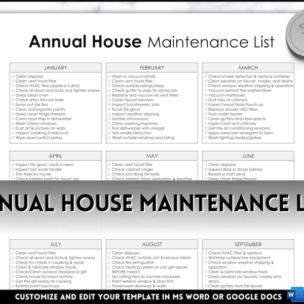 Home Maintenance List, EDITABLE Annual Cleaning Checklist, House maintenance, annual chores, household life binder, cleaning schedule list