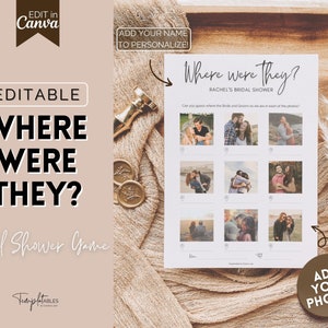Where were they Game, Editable Bridal Shower Games, Photo guessing Wedding Shower game, Bachelorette, Hen Party, Couples, Canva Template