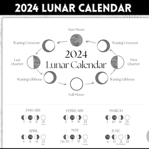 Månkalender 2024, utskrivbar månkalender, månfaser 2024, astrologi, utskrivbar väggkalender 2024, fullmåne, poster, väggkonst