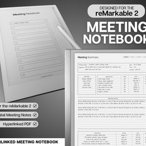 Puede incluir: Una plantilla de cuaderno digital en blanco y negro diseñada para la tableta reMarkable 2. La plantilla se titula "Cuaderno de reuniones" e incluye secciones para el resumen de la reunión, los asistentes, los puntos del orden del día, las notas de la reunión y los puntos de acción. La plantilla está diseñada para ayudar a los usuarios a organizar y tomar notas durante las reuniones.