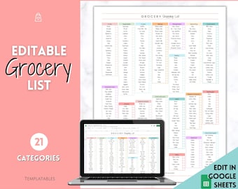 EDITABLE Grocery List, Master Grocery List Printable, Weekly Shopping, Meal Planner Checklist, Kitchen Organization Template, Google Sheets