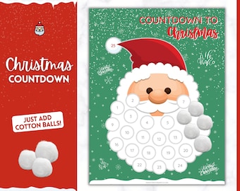 Santa Christmas Countdown! Countdown to Christmas Printable, Cotton Ball Beard, Kids Santa Claus Advent Calendar, Xmas Sign, Activity Poster