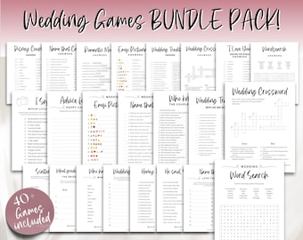 May include: A collection of printable wedding games, including "I Spy", "Advice for the Happy Couple", "Wedding Traditions", "Who Knows the Couple", "Wedding Crossword", "Scattered Hearts", "What Grade Did the Bride Get", "Who Knows the Bride", "Wedding Bingo", "Honeymoon Bingo", "He Said, She Said", "Name That Love Tune", and "Wedding Word Search".