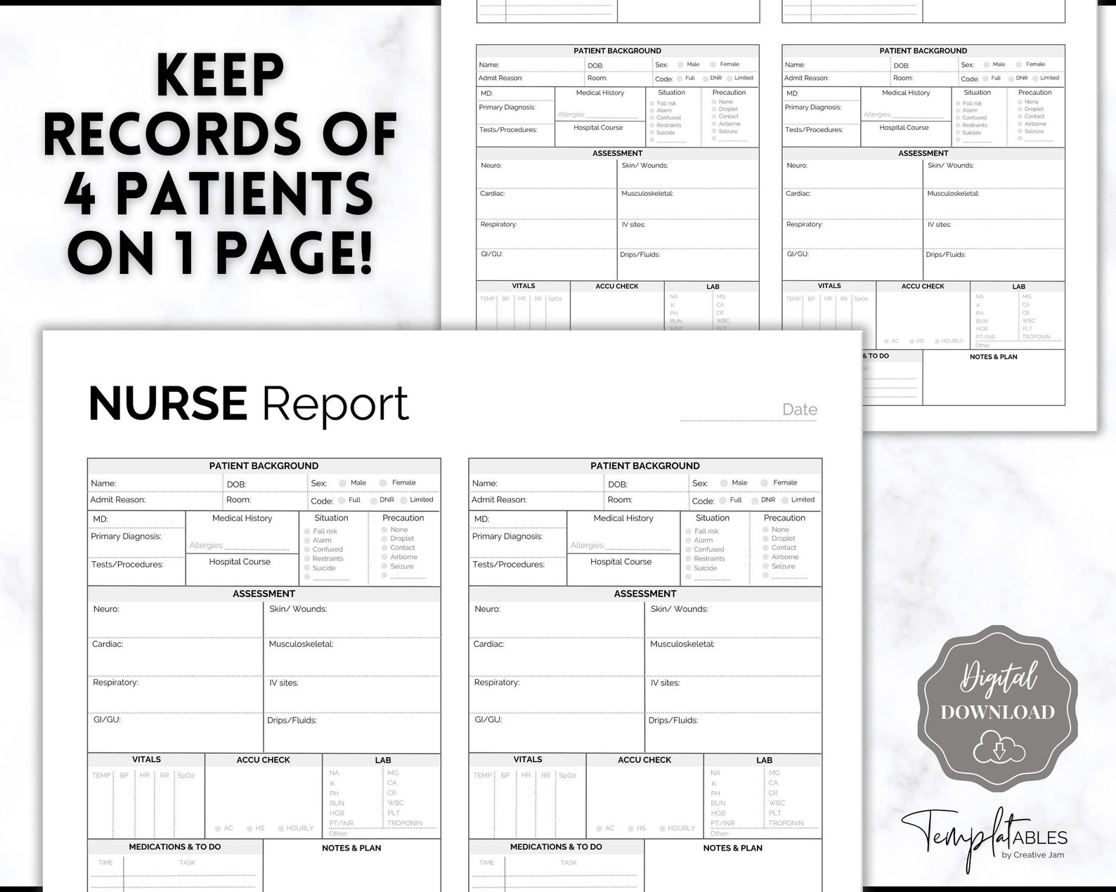 Four Patient Worksheet.pdf 4 Patient Nurse Report Sheet, Nurse Brain Sheet, 5 Colors, ICU Nurse ...