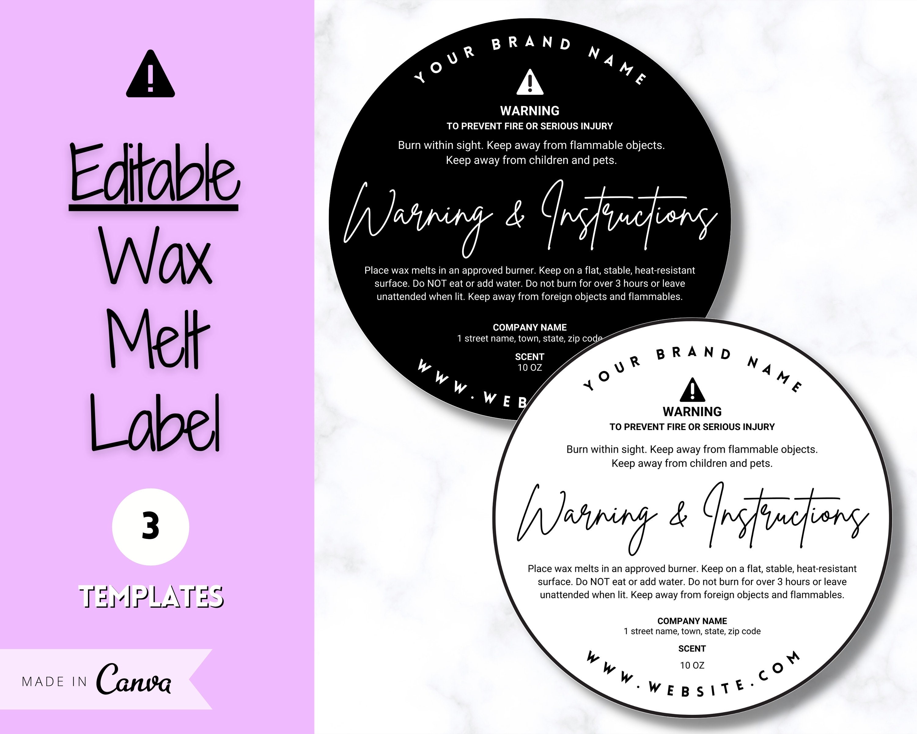 EDITABLE Wax Melt Warning Label Template Care & Fire Safety 