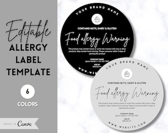 EDITABLE Allergy Label Template, Allergen Label, Allergy Information Stickers, Cakes, Baking business, Canva, Food Warning, Alert, Cupcakes