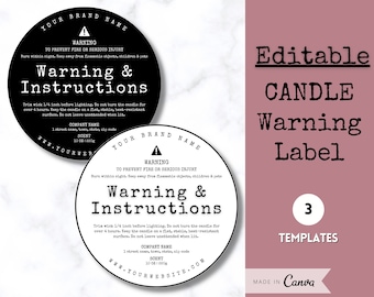 May include: Black and white circular warning label template for candles. The label includes the text "Warning & Instructions" and instructions for candle safety. The text "Editable Candle Warning Label" and "3 Templates" are visible in the background.
