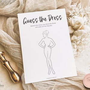 Devinez le jeu de douche nuptiale de robe, jeux de douche de mariage, esquissez les jeux de robe, enterrement de vie de jeune fille, minimal, boho, papier kraft, imprimable