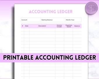 Accounting Ledger, Printable Business Ledger book, Accounting template, General Ledger Paper, rent, rental, small business bookkeeping sheet