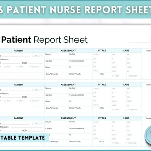 6 Patient Nurse Report Sheet, Nurse Brain Sheet, ICU Nurse Report, RN Nursing, Nurse Grad, SBAR, Patient Assessment, Printable Template