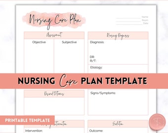 May include: Printable nursing care plan template with a pink watercolor background. The template includes sections for assessment, nursing diagnosis, desired outcomes, intervention, outcome, and evaluation.