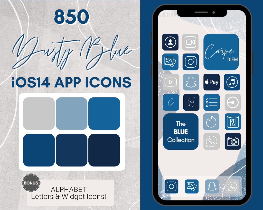 Ios 14 App Icon BUNDLE! 850 Dusty BLUE App Icons! Navy Blue 850 Home ...