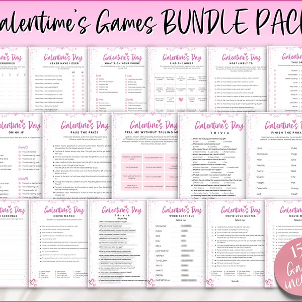 GALENTINES Spiele Bundle, 15 druckbare Spiele für Galentines Day, Galentines Party Game, Bingo, Trivia, Valentines Day Party Game, Girls Night