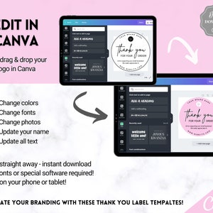 May include: A digital download of a pink and black thank you label template for Canva. The template features the text "Thank you for your order" and can be customized with your own brand name, website, and logo.