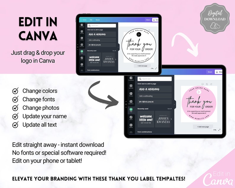 May include: A digital download of a pink and black thank you label template for Canva. The template features the text "Thank you for your order" and can be customized with your own brand name, website, and logo.