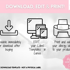 May include: A digital download template for creating allergy labels. The image shows icons for downloading, editing in Canva, and printing. The text says "Download, Edit & Print!" and "Available immediately for download after buying".