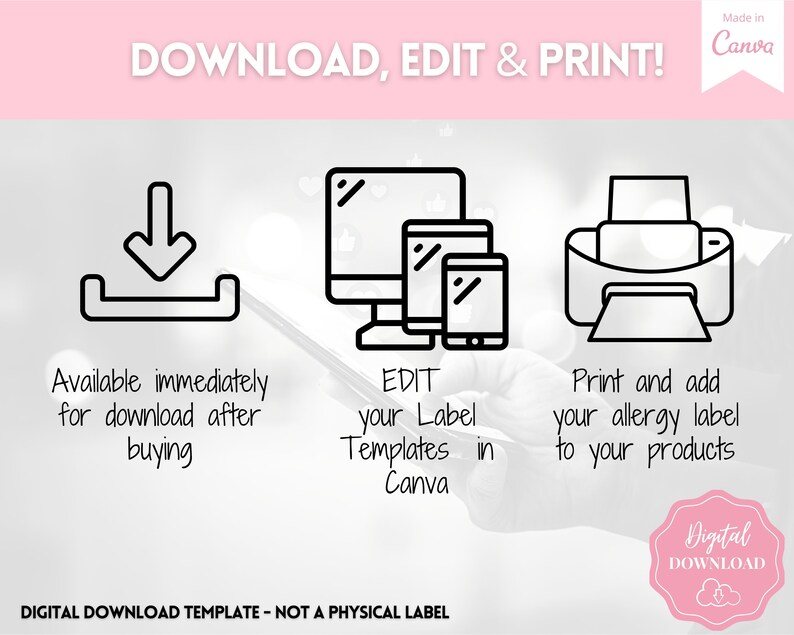 May include: A digital download template for creating allergy labels. The image shows icons for downloading, editing in Canva, and printing. The text says "Download, Edit & Print!" and "Available immediately for download after buying".