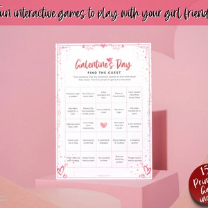 Pu&ograve; includere: Una carta di gioco stampabile per il Galentine's Day con un design rosa e bianco. La carta ha un titolo che dice "Galentine's Day Find the Guest". Il gioco si gioca trovando qualcuno che corrisponde alla descrizione sulla carta. Sono inclusi 15 giochi stampabili.