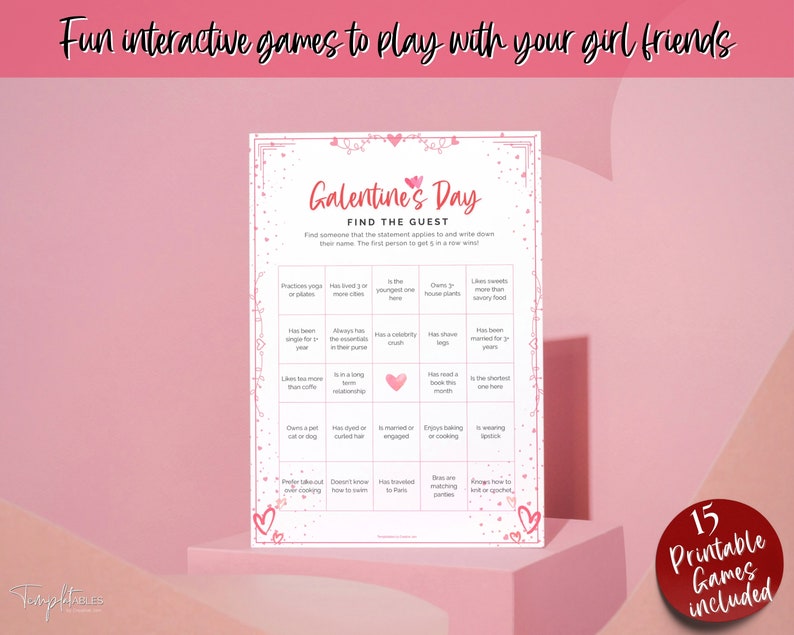 Pu&ograve; includere: Una carta di gioco stampabile per il Galentine's Day con un design rosa e bianco. La carta ha un titolo che dice "Galentine's Day Find the Guest". Il gioco si gioca trovando qualcuno che corrisponde alla descrizione sulla carta. Sono inclusi 15 giochi stampabili.