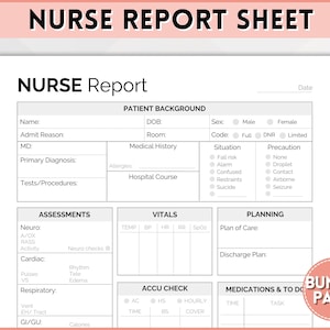 Nurse Report Sheet Bundle, 5 Colors, Nurse Brain Sheet, ICU Nurse Report, RN Nursing, New Grad, SBAR, Patient Assessment, Printable Template
