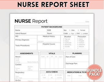 Verpleegkundige rapportbladbundel, 5 kleuren, verpleegkundig hersenblad, ICU verpleegkundig rapport, RN verpleegkunde, nieuwe grad, SBAR, patiëntbeoordeling, afdrukbare sjabloon