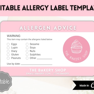 BEWERKBARE allergie-etiketsjabloon, allergeenetiket, allergie-informatiestickers, taarten, bakbedrijf, Canva, voedselwaarschuwing, waarschuwing, cupcakes